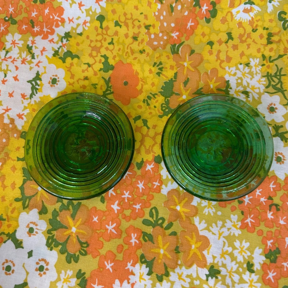 Vintage Green Glass Ribbed Star Glass Coasters Pair